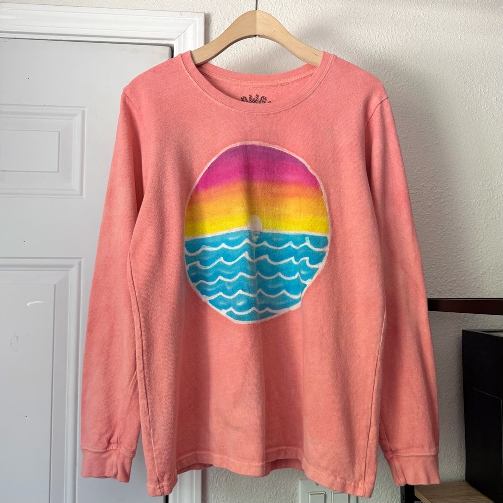 MOWGLI peach combed cotton jersey knit sunset ocean sea graphic pullover sweater